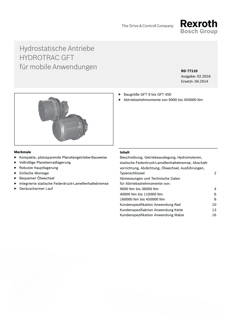 力士乐卷扬减速机GFT-W600特性